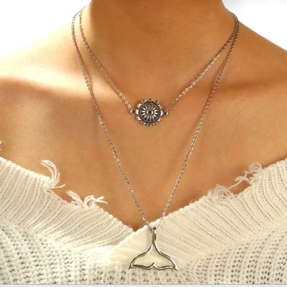 Silver Multi Layer Whale Tail Floral Medallion Charm Necklace NEW